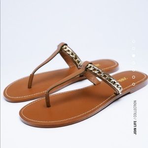 Zara Leather Sandal with Gold Chain Detail